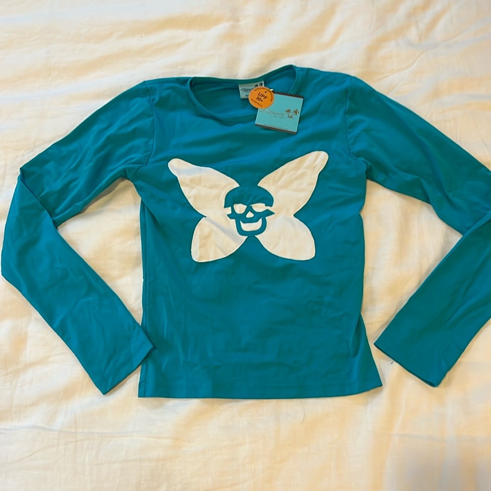 NWT Letarte Swimwear Hawaii Skull Butterfly XS teal Shirt swim Surf